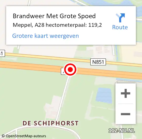 Locatie op kaart van de 112 melding: Brandweer Met Grote Spoed Naar Meppel, A28 hectometerpaal: 119,2 op 5 oktober 2023 16:52