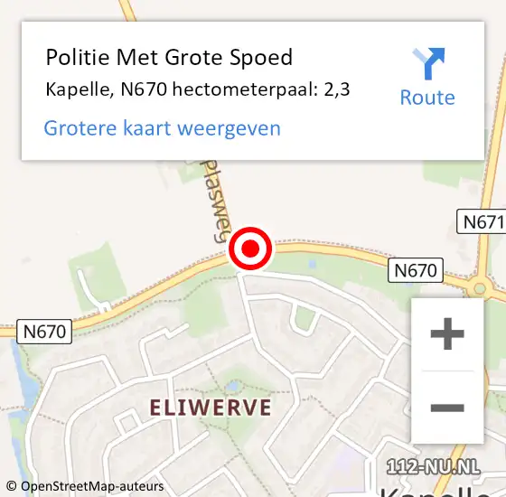 Locatie op kaart van de 112 melding: Politie Met Grote Spoed Naar Kapelle, N670 hectometerpaal: 2,3 op 5 oktober 2023 17:21