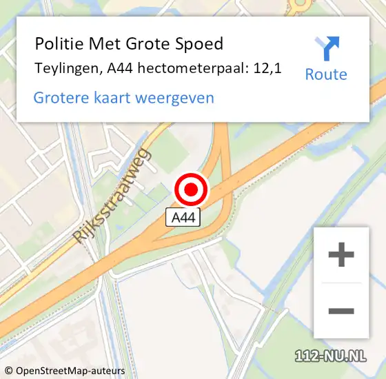 Locatie op kaart van de 112 melding: Politie Met Grote Spoed Naar Teylingen, A44 hectometerpaal: 12,1 op 5 oktober 2023 17:32