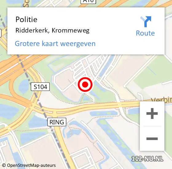 Locatie op kaart van de 112 melding: Politie Ridderkerk, Krommeweg op 5 oktober 2023 18:25