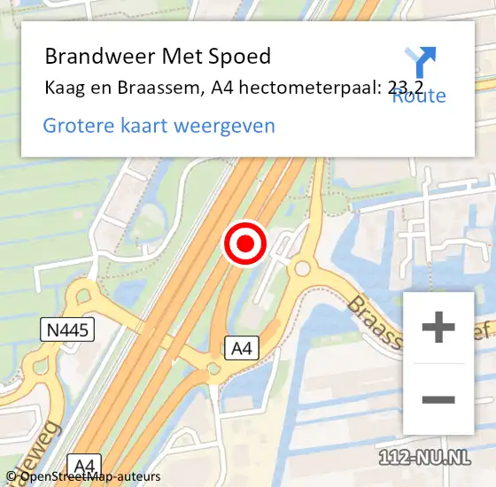 Locatie op kaart van de 112 melding: Brandweer Met Spoed Naar Kaag en Braassem, A4 hectometerpaal: 23,2 op 5 oktober 2023 18:38