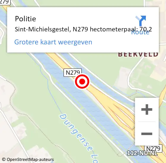 Locatie op kaart van de 112 melding: Politie Sint-Michielsgestel, N279 hectometerpaal: 70,2 op 5 oktober 2023 20:28