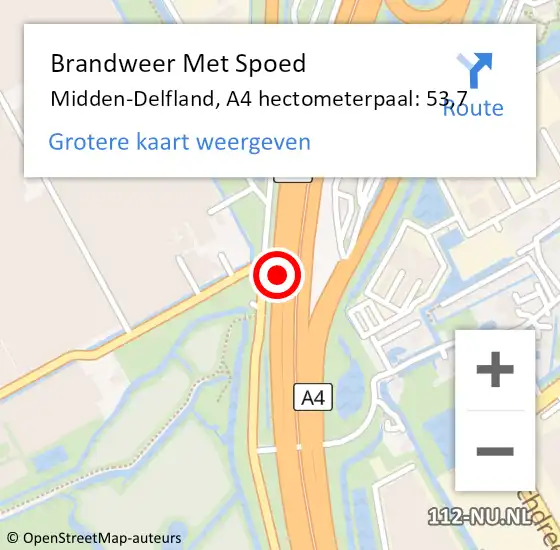 Locatie op kaart van de 112 melding: Brandweer Met Spoed Naar Midden-Delfland, A4 hectometerpaal: 53,7 op 5 oktober 2023 20:59