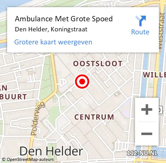 Locatie op kaart van de 112 melding: Ambulance Met Grote Spoed Naar Den Helder, Koningstraat op 5 oktober 2023 22:12