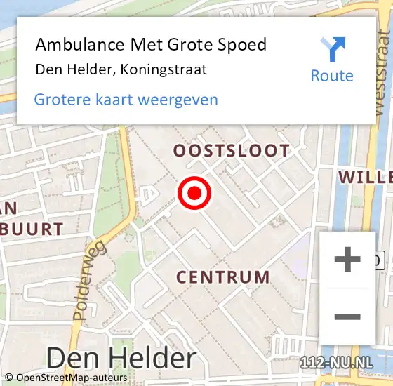 Locatie op kaart van de 112 melding: Ambulance Met Grote Spoed Naar Den Helder, Koningstraat op 5 oktober 2023 22:13