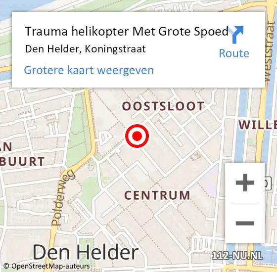 Locatie op kaart van de 112 melding: Trauma helikopter Met Grote Spoed Naar Den Helder, Koningstraat op 5 oktober 2023 22:15