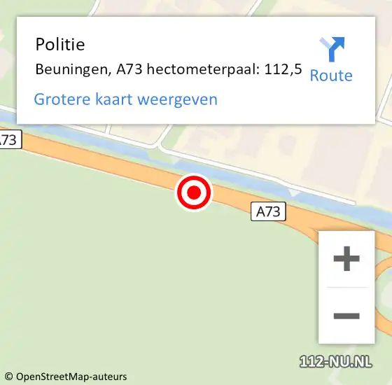 Locatie op kaart van de 112 melding: Politie Beuningen, A73 hectometerpaal: 112,5 op 5 oktober 2023 22:26