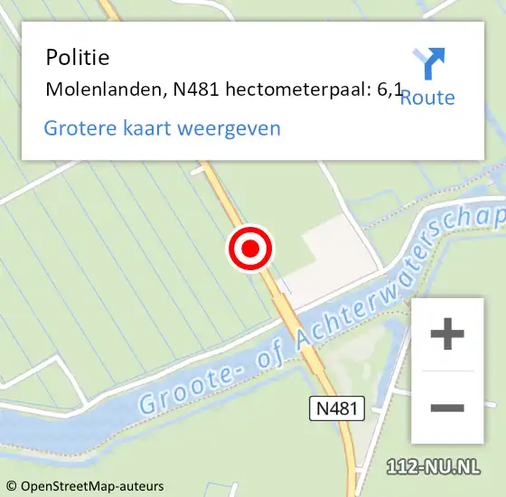 Locatie op kaart van de 112 melding: Politie Molenlanden, N481 hectometerpaal: 6,1 op 5 oktober 2023 23:11