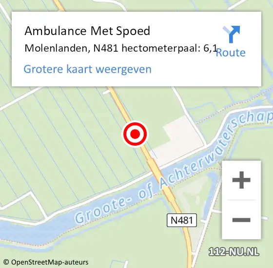 Locatie op kaart van de 112 melding: Ambulance Met Spoed Naar Molenlanden, N481 hectometerpaal: 6,1 op 5 oktober 2023 23:14