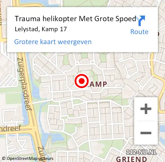 Locatie op kaart van de 112 melding: Trauma helikopter Met Grote Spoed Naar Lelystad, Kamp 17 op 6 oktober 2023 01:39