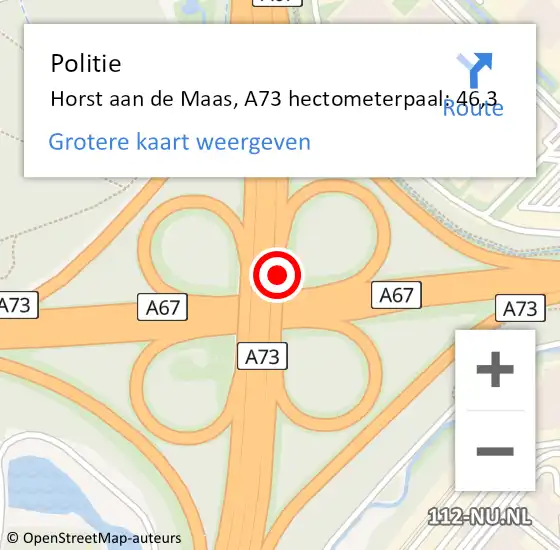 Locatie op kaart van de 112 melding: Politie Horst aan de Maas, A73 hectometerpaal: 46,3 op 6 oktober 2023 02:01