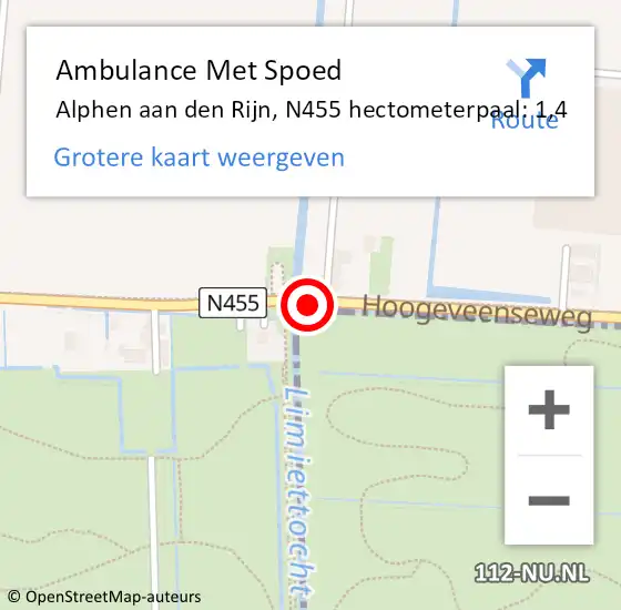 Locatie op kaart van de 112 melding: Ambulance Met Spoed Naar Alphen aan den Rijn, N455 hectometerpaal: 1,4 op 6 oktober 2023 02:29