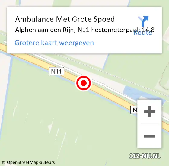 Locatie op kaart van de 112 melding: Ambulance Met Grote Spoed Naar Alphen aan den Rijn, N11 hectometerpaal: 14,8 op 6 oktober 2023 02:35