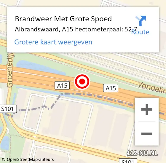 Locatie op kaart van de 112 melding: Brandweer Met Grote Spoed Naar Albrandswaard, A15 hectometerpaal: 52,7 op 6 oktober 2023 07:42