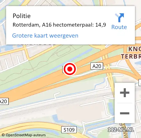 Locatie op kaart van de 112 melding: Politie Rotterdam, A16 hectometerpaal: 14,9 op 6 oktober 2023 07:45
