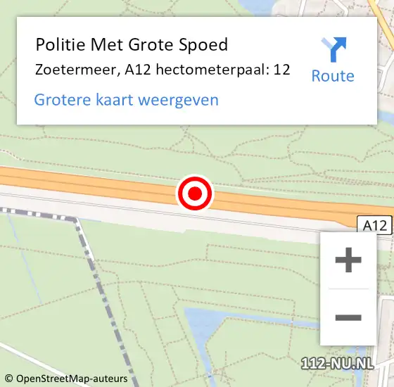 Locatie op kaart van de 112 melding: Politie Met Grote Spoed Naar Zoetermeer, A12 hectometerpaal: 12 op 6 oktober 2023 09:01