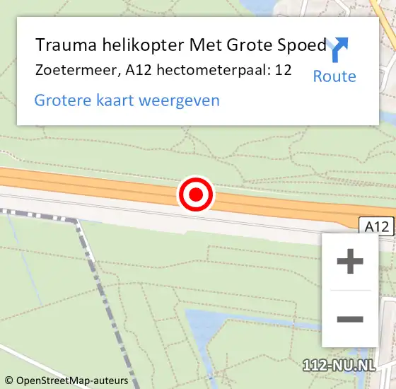 Locatie op kaart van de 112 melding: Trauma helikopter Met Grote Spoed Naar Zoetermeer, A12 hectometerpaal: 12 op 6 oktober 2023 09:02