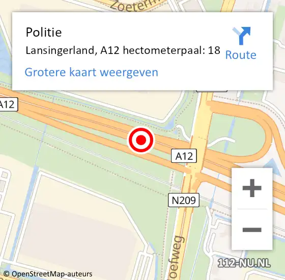 Locatie op kaart van de 112 melding: Politie Lansingerland, A12 hectometerpaal: 18 op 6 oktober 2023 11:36