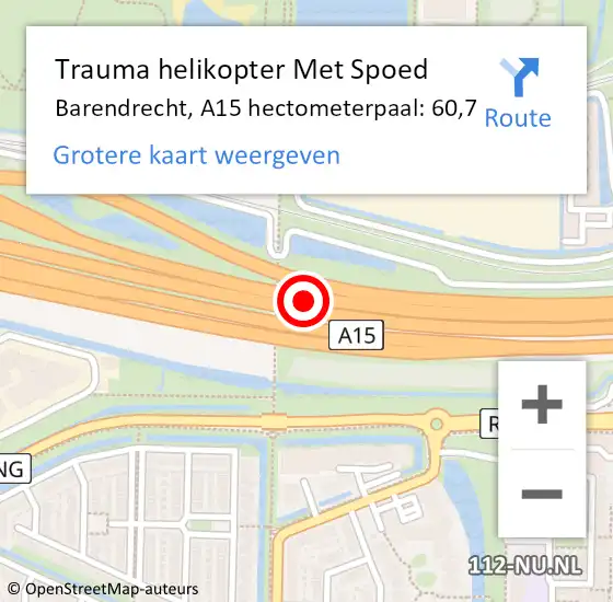 Locatie op kaart van de 112 melding: Trauma helikopter Met Spoed Naar Barendrecht, A15 hectometerpaal: 60,7 op 6 oktober 2023 13:08