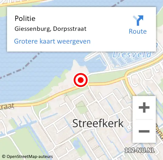 Locatie op kaart van de 112 melding: Politie Giessenburg, Dorpsstraat op 6 oktober 2023 13:42