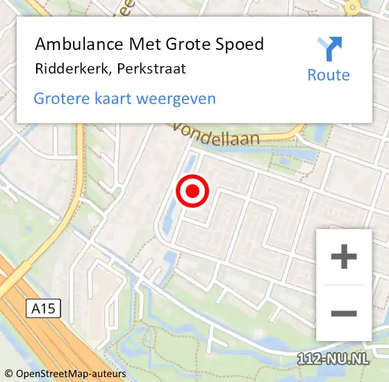 Locatie op kaart van de 112 melding: Ambulance Met Grote Spoed Naar Ridderkerk, Perkstraat op 6 oktober 2023 15:08