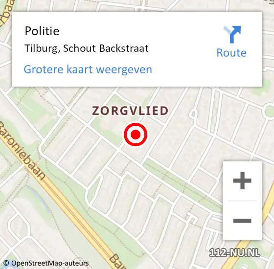 Locatie op kaart van de 112 melding: Politie Tilburg, Schout Backstraat op 6 oktober 2023 15:14