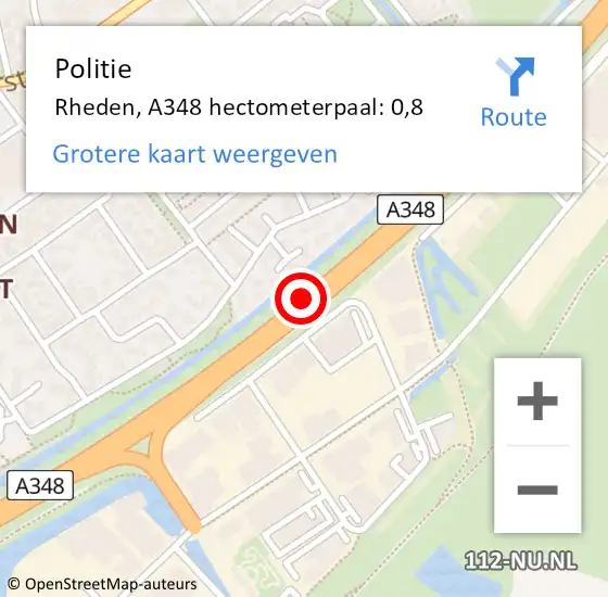 Locatie op kaart van de 112 melding: Politie Rheden, A348 hectometerpaal: 0,8 op 6 oktober 2023 15:30