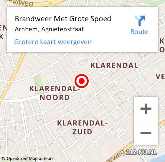 Locatie op kaart van de 112 melding: Brandweer Met Grote Spoed Naar Arnhem, Agnietenstraat op 6 oktober 2023 15:58