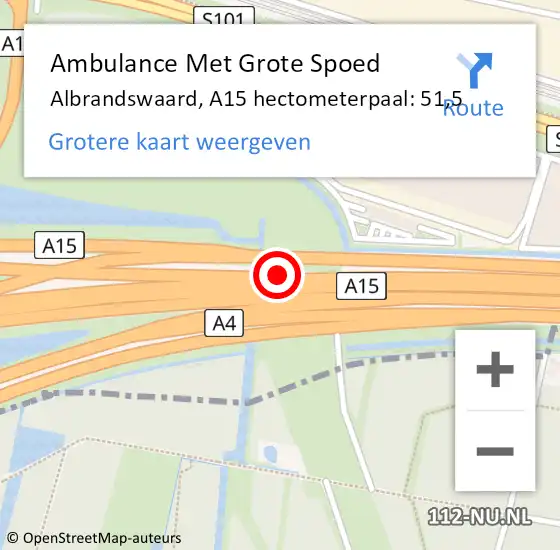 Locatie op kaart van de 112 melding: Ambulance Met Grote Spoed Naar Albrandswaard, A15 hectometerpaal: 51,5 op 6 oktober 2023 16:01