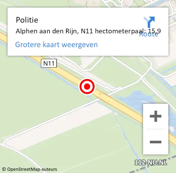 Locatie op kaart van de 112 melding: Politie Alphen aan den Rijn, N11 hectometerpaal: 15,9 op 6 oktober 2023 16:13