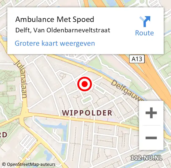 Locatie op kaart van de 112 melding: Ambulance Met Spoed Naar Delft, Van Oldenbarneveltstraat op 6 oktober 2023 16:27