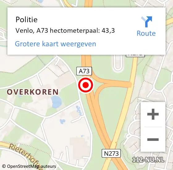 Locatie op kaart van de 112 melding: Politie Venlo, A73 hectometerpaal: 43,3 op 6 oktober 2023 17:39