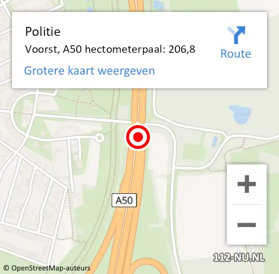Locatie op kaart van de 112 melding: Politie Voorst, A50 hectometerpaal: 206,8 op 6 oktober 2023 17:59
