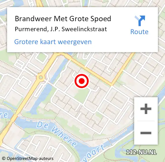 Locatie op kaart van de 112 melding: Brandweer Met Grote Spoed Naar Purmerend, J.P. Sweelinckstraat op 6 oktober 2023 21:02