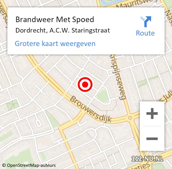 Locatie op kaart van de 112 melding: Brandweer Met Spoed Naar Dordrecht, A.C.W. Staringstraat op 6 oktober 2023 22:02