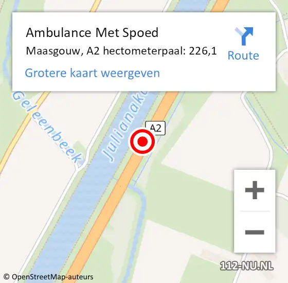 Locatie op kaart van de 112 melding: Ambulance Met Spoed Naar Maasgouw, A2 hectometerpaal: 226,1 op 6 oktober 2023 22:20