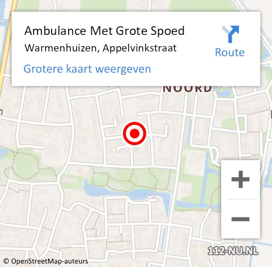 Locatie op kaart van de 112 melding: Ambulance Met Grote Spoed Naar Warmenhuizen, Appelvinkstraat op 7 oktober 2023 04:35