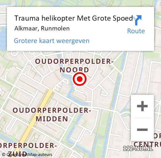 Locatie op kaart van de 112 melding: Trauma helikopter Met Grote Spoed Naar Alkmaar, Runmolen op 7 oktober 2023 04:52