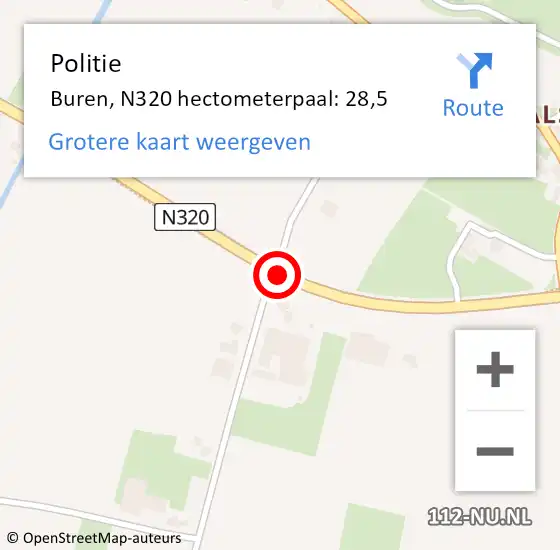 Locatie op kaart van de 112 melding: Politie Buren, N320 hectometerpaal: 28,5 op 7 oktober 2023 09:29