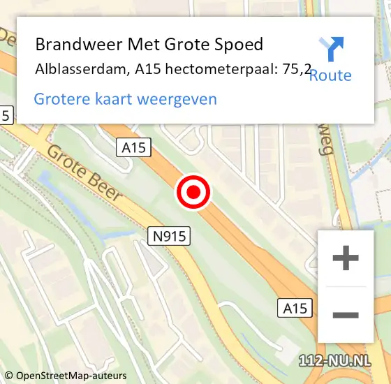 Locatie op kaart van de 112 melding: Brandweer Met Grote Spoed Naar Alblasserdam, A15 hectometerpaal: 75,2 op 7 oktober 2023 09:57