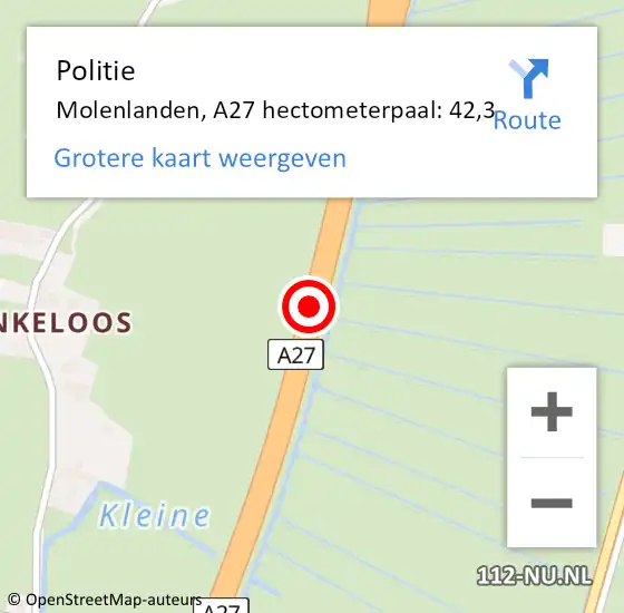 Locatie op kaart van de 112 melding: Politie Molenlanden, A27 hectometerpaal: 42,3 op 7 oktober 2023 12:51