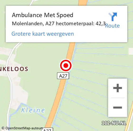 Locatie op kaart van de 112 melding: Ambulance Met Spoed Naar Molenlanden, A27 hectometerpaal: 42,3 op 7 oktober 2023 12:52