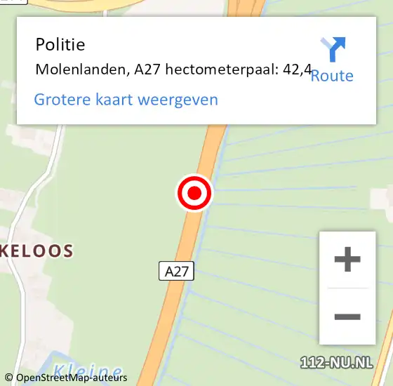 Locatie op kaart van de 112 melding: Politie Molenlanden, A27 hectometerpaal: 42,4 op 7 oktober 2023 12:52
