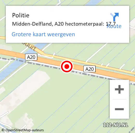 Locatie op kaart van de 112 melding: Politie Midden-Delfland, A20 hectometerpaal: 17,7 op 7 oktober 2023 14:48