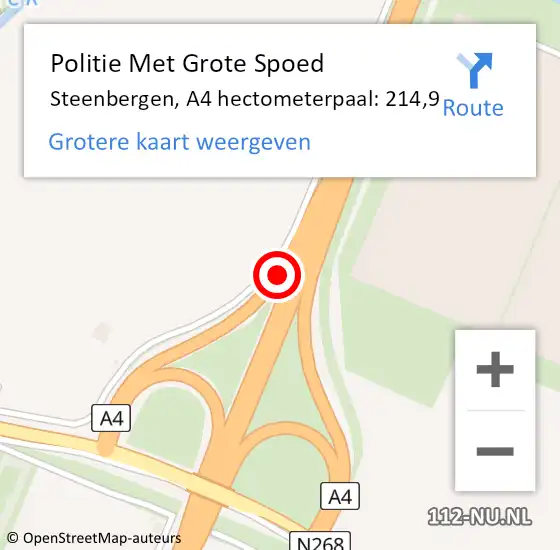 Locatie op kaart van de 112 melding: Politie Met Grote Spoed Naar Steenbergen, A4 hectometerpaal: 214,9 op 7 oktober 2023 17:26