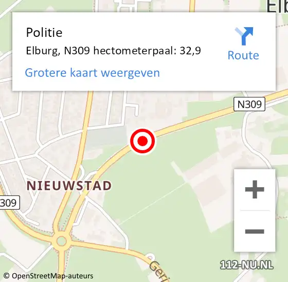 Locatie op kaart van de 112 melding: Politie Elburg, N309 hectometerpaal: 32,9 op 7 oktober 2023 17:55