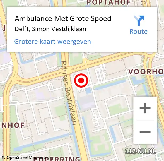 Locatie op kaart van de 112 melding: Ambulance Met Grote Spoed Naar Delft, Simon Vestdijklaan op 7 oktober 2023 19:15