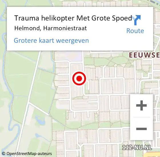 Locatie op kaart van de 112 melding: Trauma helikopter Met Grote Spoed Naar Helmond, Harmoniestraat op 7 oktober 2023 20:12