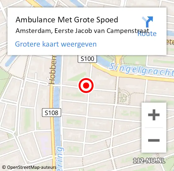 Locatie op kaart van de 112 melding: Ambulance Met Grote Spoed Naar Amsterdam, Eerste Jacob van Campenstraat op 7 oktober 2023 20:16