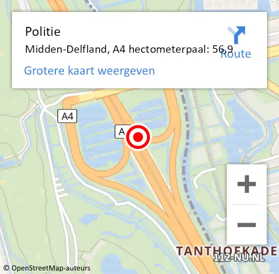 Locatie op kaart van de 112 melding: Politie Midden-Delfland, A4 hectometerpaal: 56,9 op 7 oktober 2023 20:47